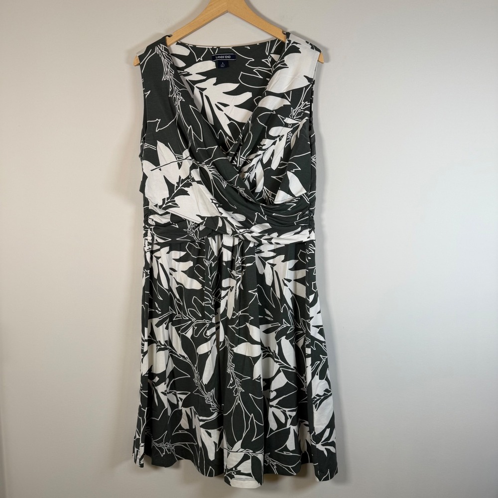 Lands End Surplice Faux Wrap Midi Dress Large 14-16 Green White Leaf Pima Cotton